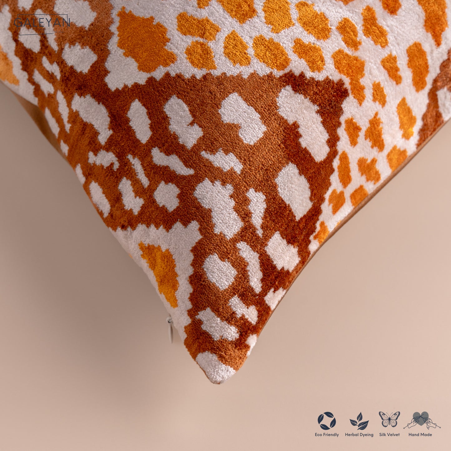 Silk Velvet Ikat Cushion – Off White/Brown/Saffron Gold