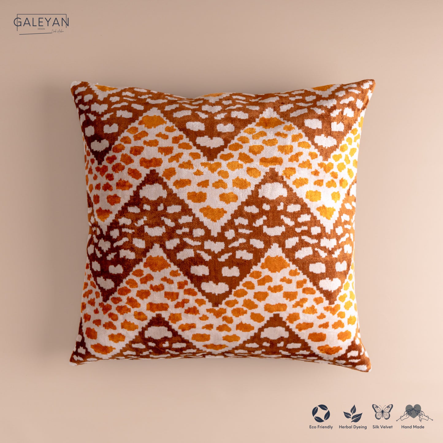 Silk Velvet Ikat Cushion – Off White/Brown/Saffron Gold