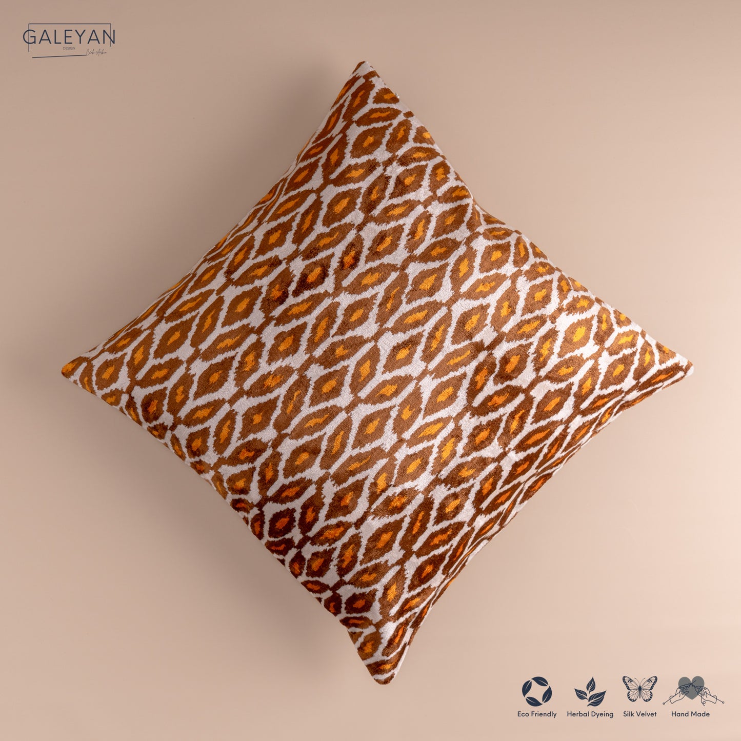 Silk Velvet Ikat Cushion – Off White/Brown/Saffron Gold