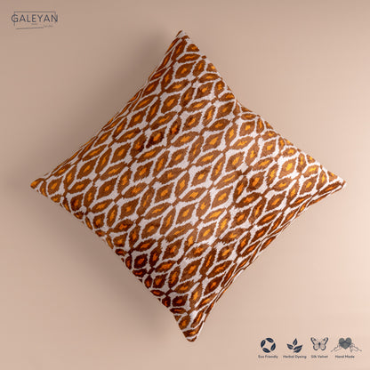 Silk Velvet Ikat Cushion – Off White/Brown/Saffron Gold