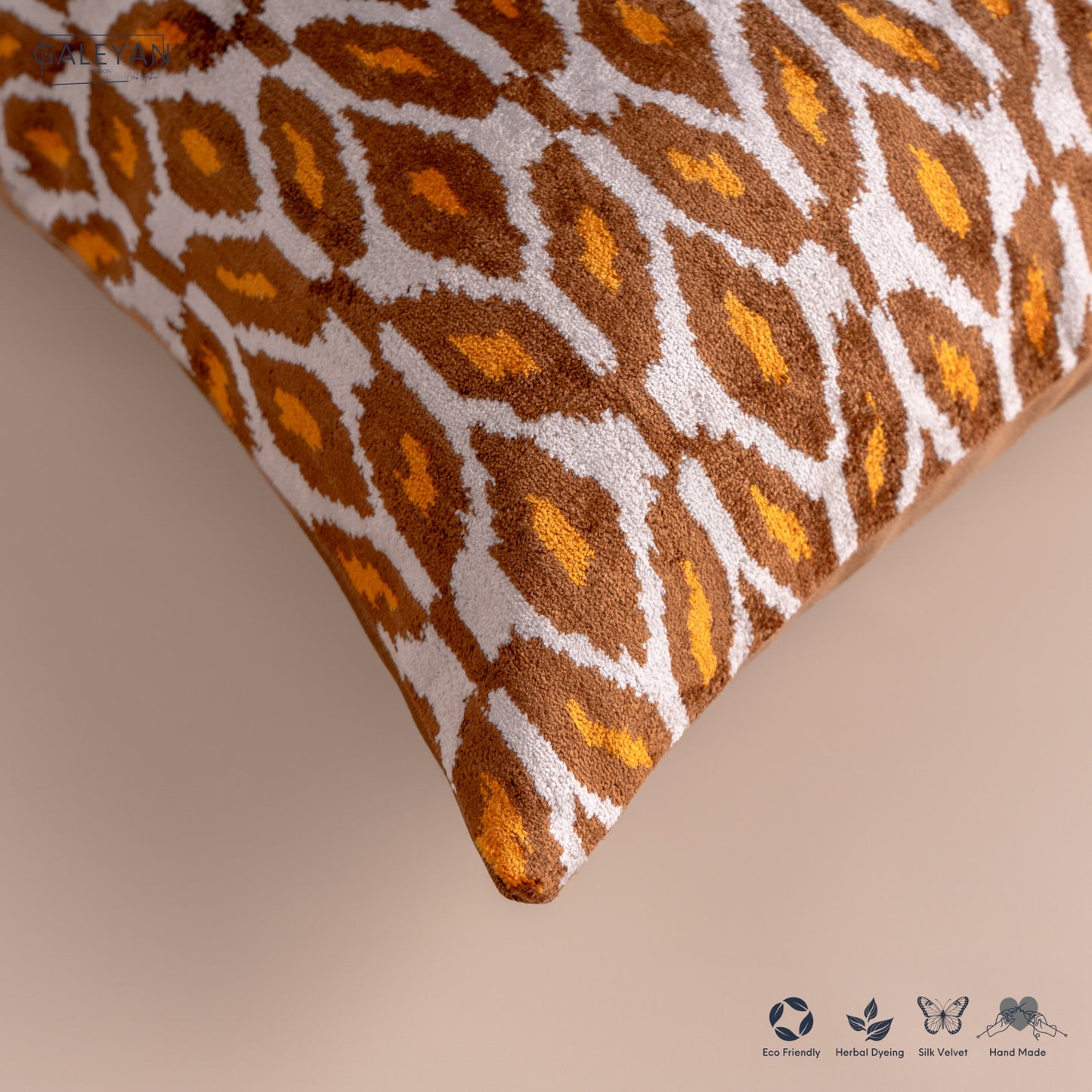 Silk Velvet Ikat Cushion – Off White/Brown/Saffron Gold