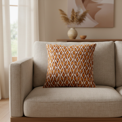 Silk Velvet Ikat Cushion – Off White/Brown/Saffron Gold
