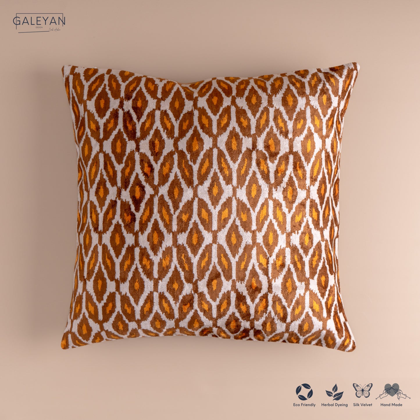 Silk Velvet Ikat Cushion – Off White/Brown/Saffron Gold