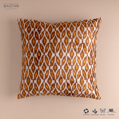 Silk Velvet Ikat Cushion – Off White/Brown/Saffron Gold