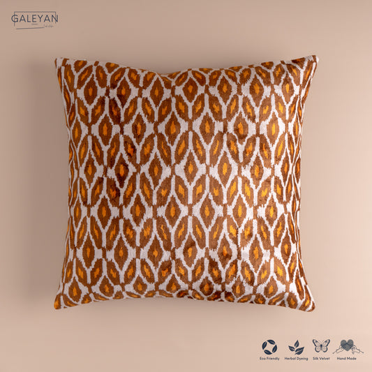 Silk Velvet Ikat Cushion – Off White/Brown/Saffron Gold