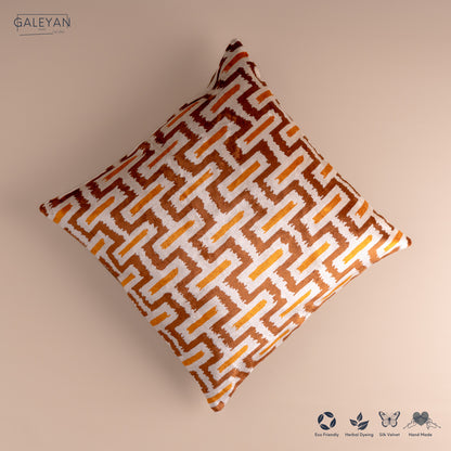 Silk Velvet Ikat Cushion – Off White/Brown/Saffron Gold