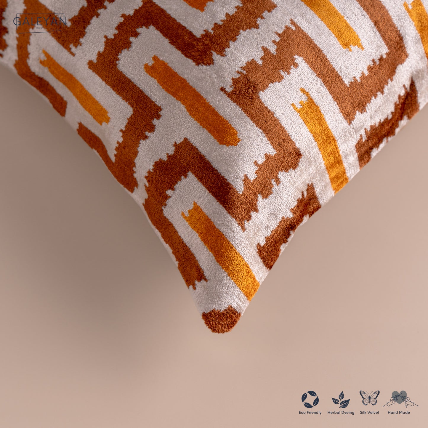 Silk Velvet Ikat Cushion – Off White/Brown/Saffron Gold