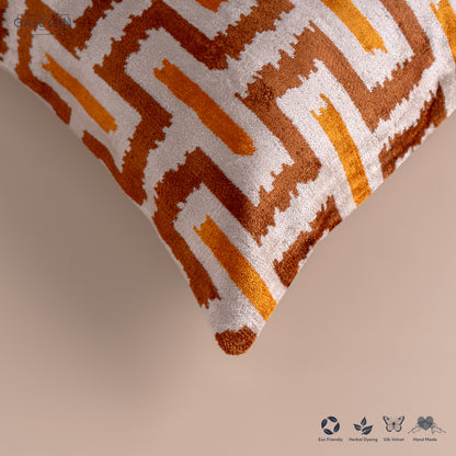 Silk Velvet Ikat Cushion – Off White/Brown/Saffron Gold