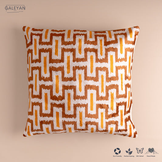 Silk Velvet Ikat Cushion – Off White/Brown/Saffron Gold