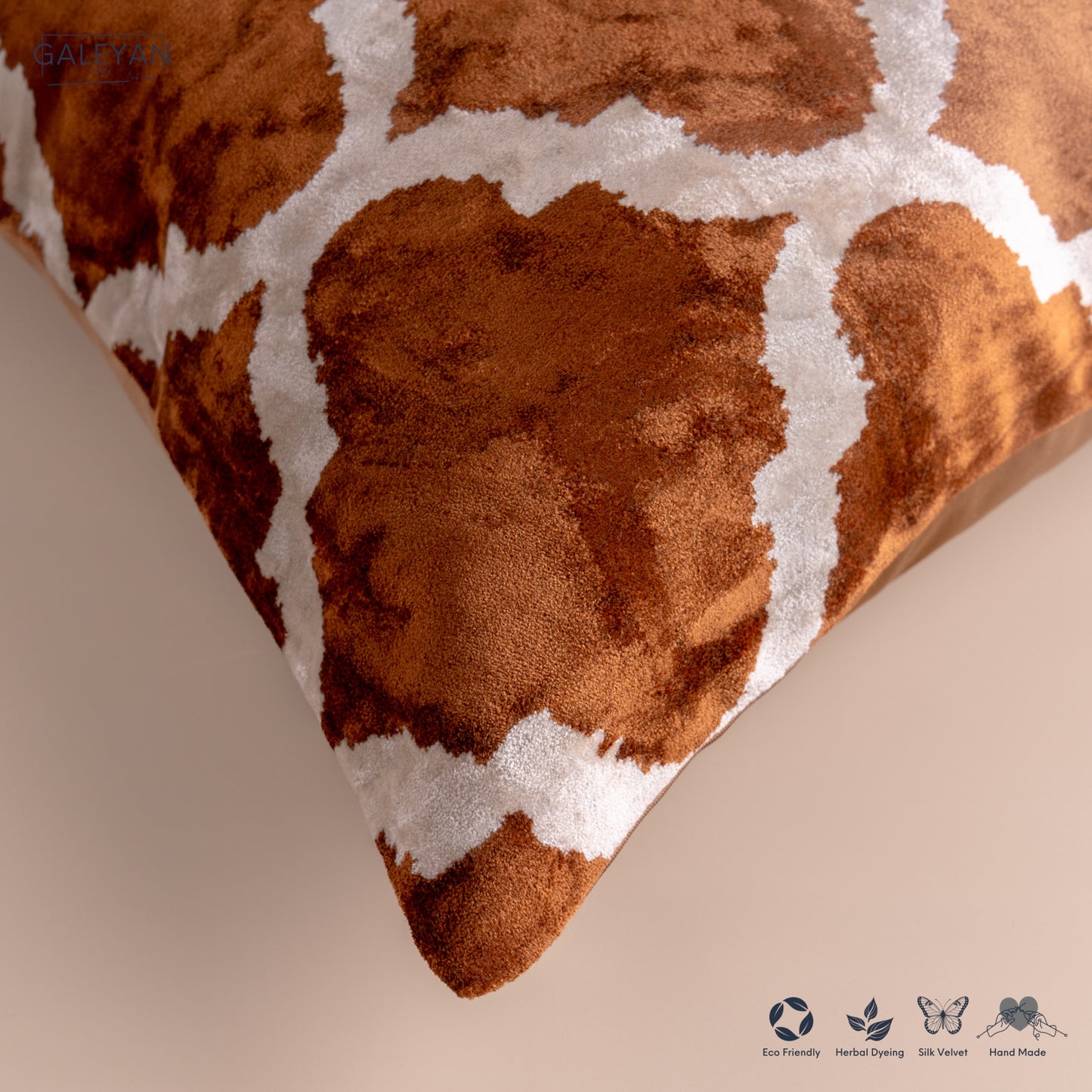 Silk Velvet Ikat Cushion – Off White/Brown