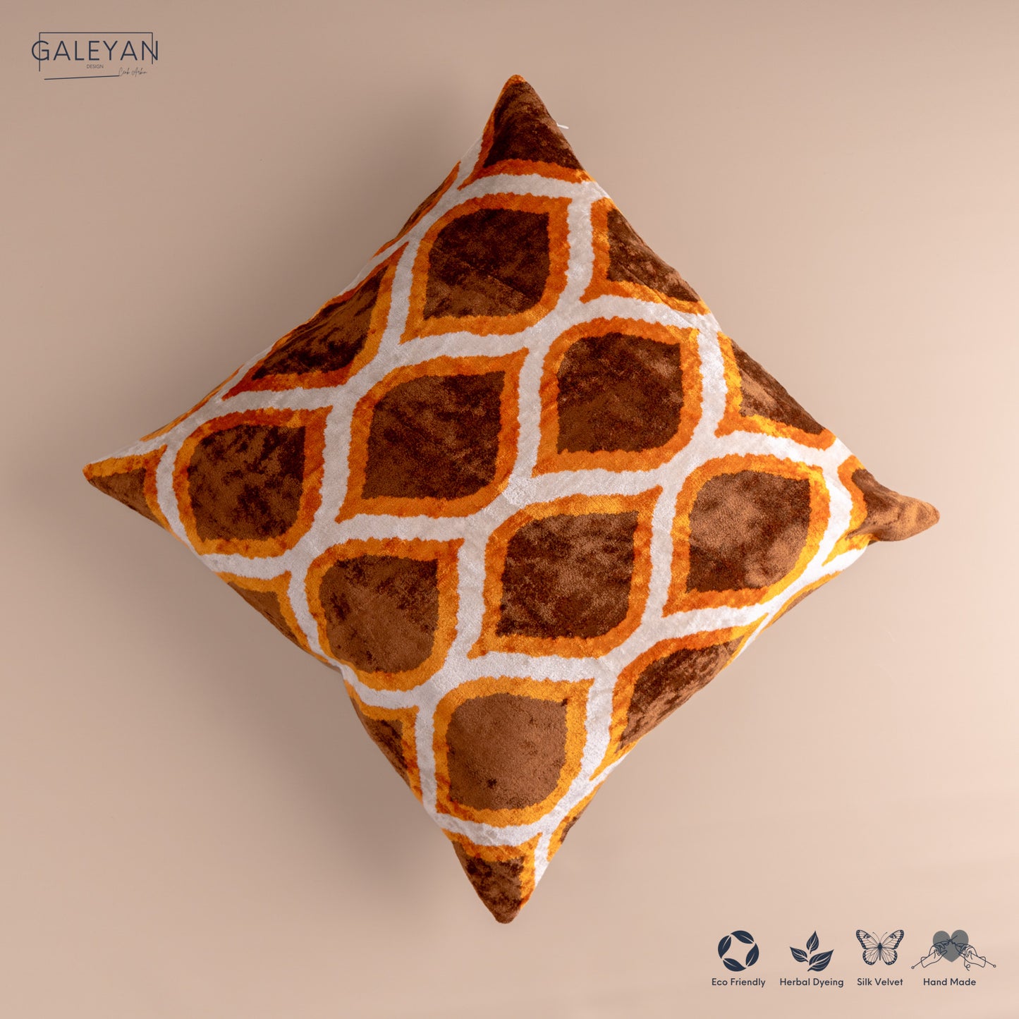 Silk Velvet Ikat Cushion – Off White/Brown/Saffron Gold