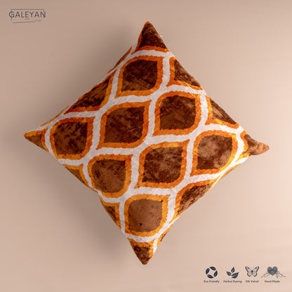 Silk Velvet Ikat Cushion – Off White/Brown/Saffron Gold