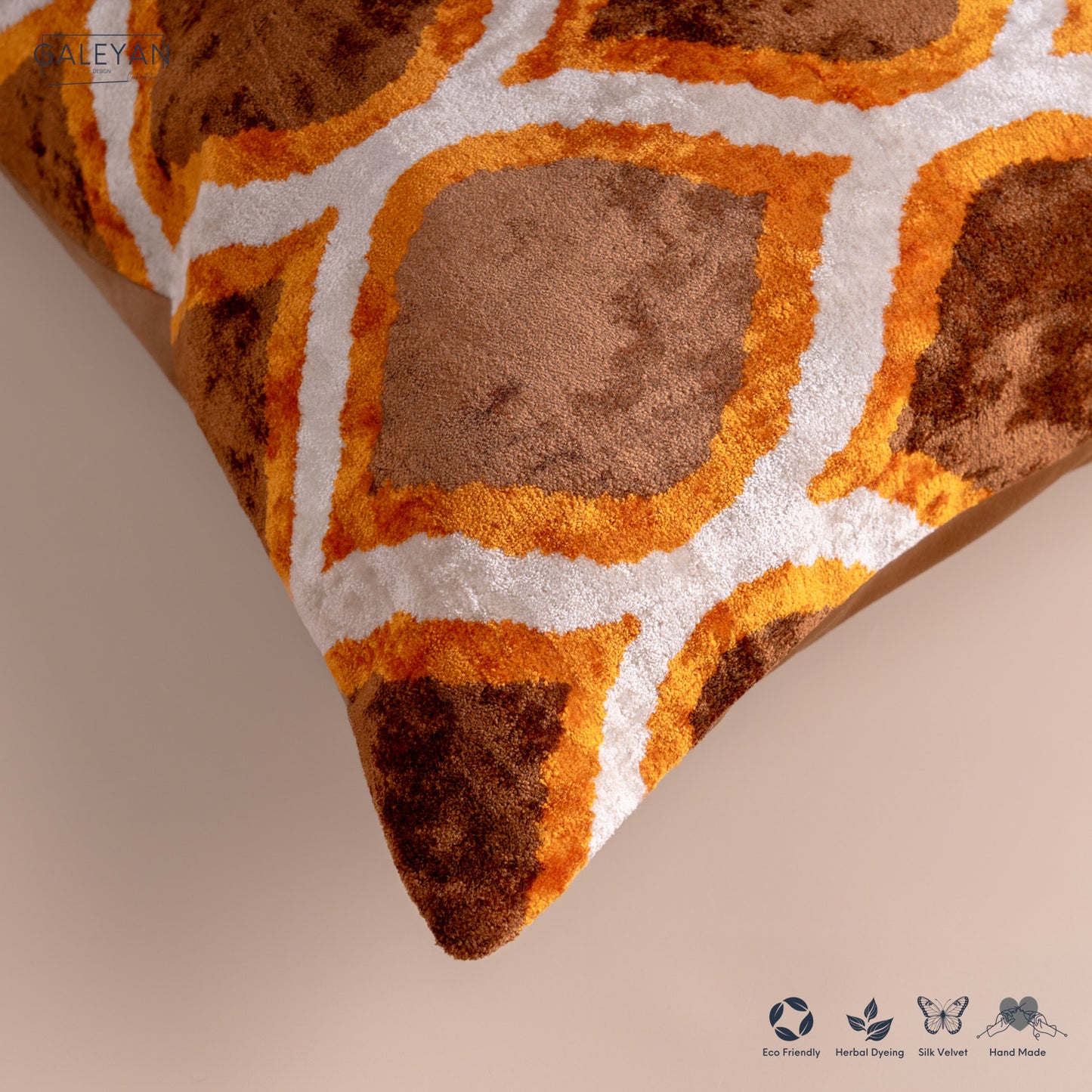 Silk Velvet Ikat Cushion – Off White/Brown/Saffron Gold