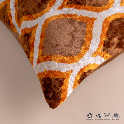 Silk Velvet Ikat Cushion – Off White/Brown/Saffron Gold