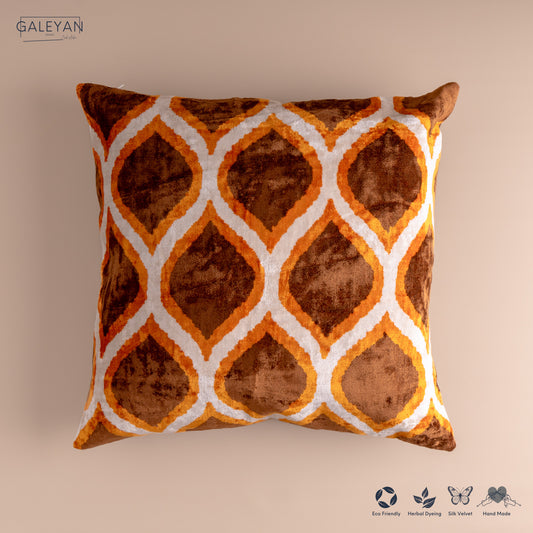 Silk Velvet Ikat Cushion – Off White/Brown/Saffron Gold