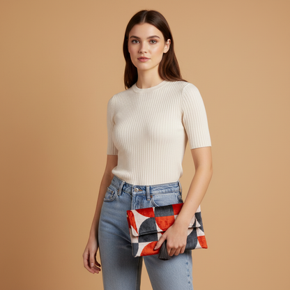 Silk Velvet Ikat Clutch – Off White / Red / Midnight Indigo