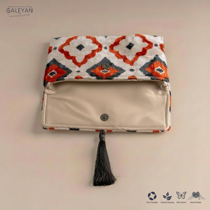 Silk Velvet Ikat Clutch – Off White / Red / Midnight Indigo