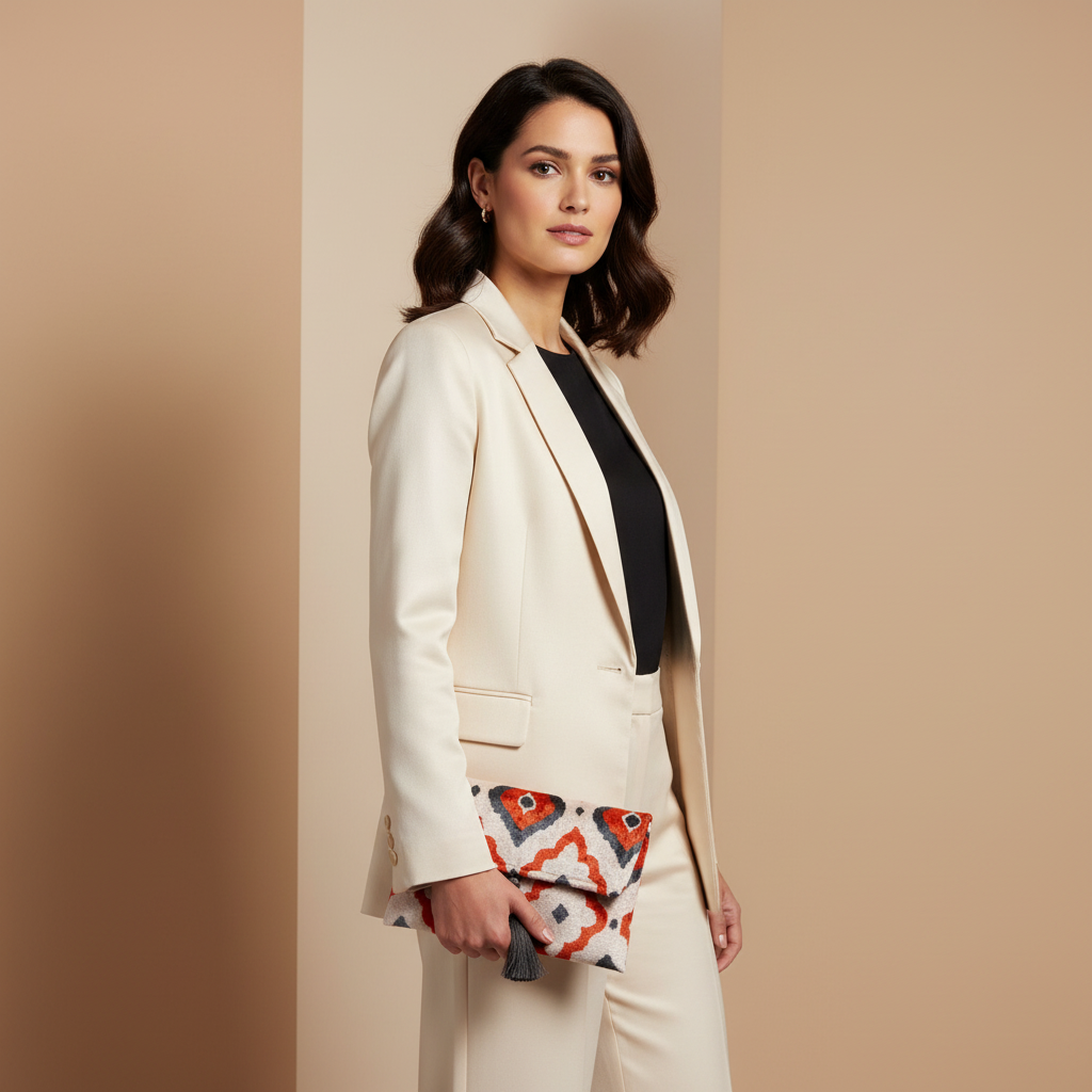 Silk Velvet Ikat Clutch – Off White / Red / Midnight Indigo