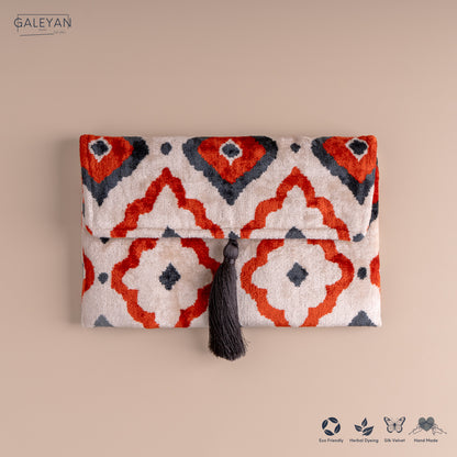 Silk Velvet Ikat Clutch – Off White / Red / Midnight Indigo