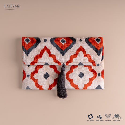 Silk Velvet Ikat Clutch – Off White / Red / Midnight Indigo