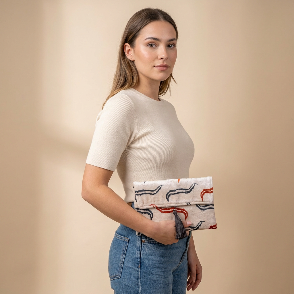 Silk Velvet Ikat Clutch – Off White / Red / Midnight Indigo