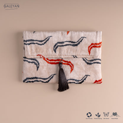 Silk Velvet Ikat Clutch – Off White / Red / Midnight Indigo