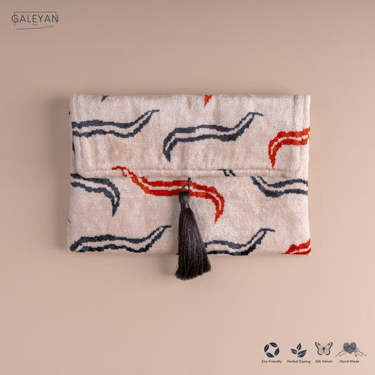 Silk Velvet Ikat Clutch – Off White / Red / Midnight Indigo