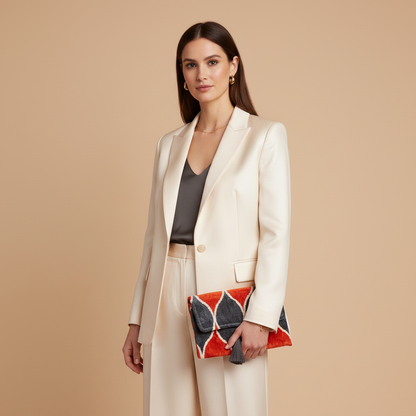 Silk Velvet Ikat Clutch – Off White / Red / Midnight Indigo