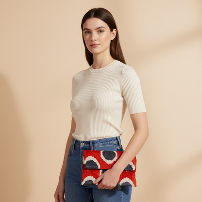 Silk Velvet Ikat Clutch – Off White / Red / Midnight Indigo