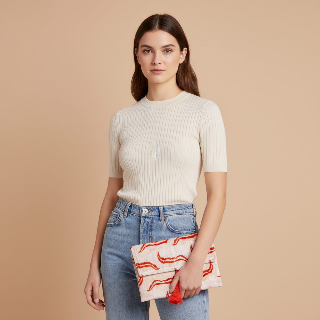 Silk Velvet Ikat Clutch – Off White / Red