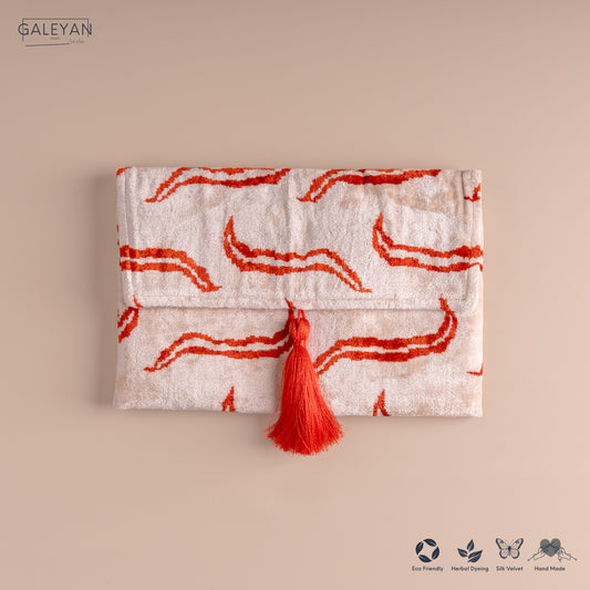 Silk Velvet Ikat Clutch – Off White / Red