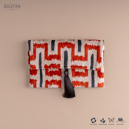 Silk Velvet Ikat Clutch – Off White / Red / Midnight Indigo