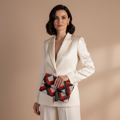 Silk Velvet Ikat Clutch – Off White / Red / Midnight Indigo