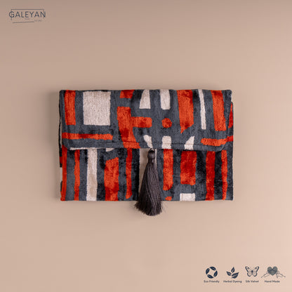 Silk Velvet Ikat Clutch – Off White / Red / Midnight Indigo
