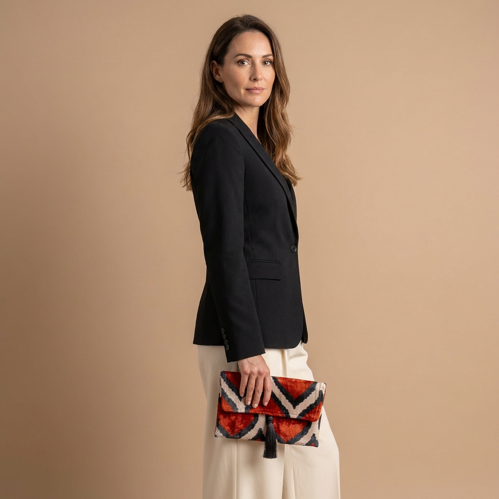 Silk Velvet Ikat Clutch – Off White / Red / Midnight Indigo