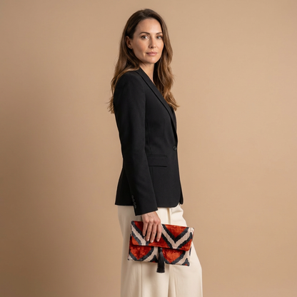Silk Velvet Ikat Clutch – Off White / Red / Midnight Indigo