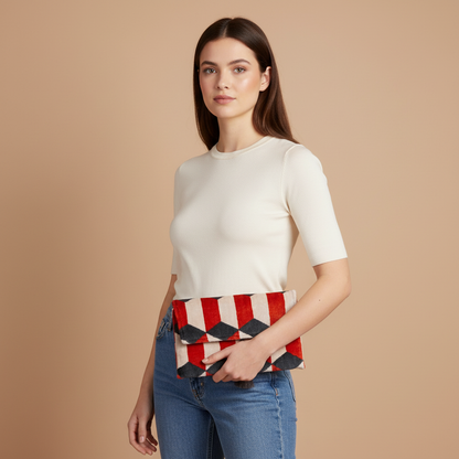 Silk Velvet Ikat Clutch – Off White / Red / Midnight Indigo