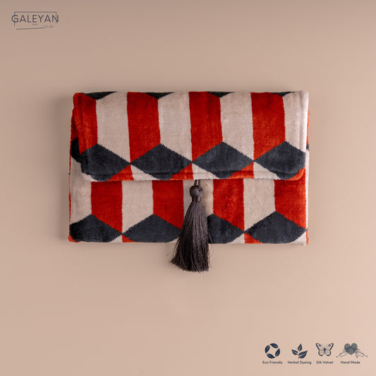 Silk Velvet Ikat Clutch – Off White / Red / Midnight Indigo