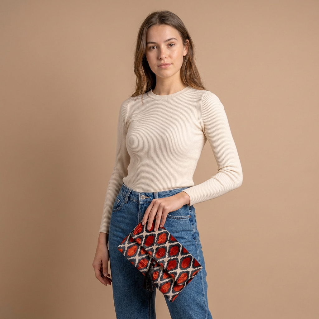 Silk Velvet Ikat Clutch – Off White / Red / Midnight Indigo