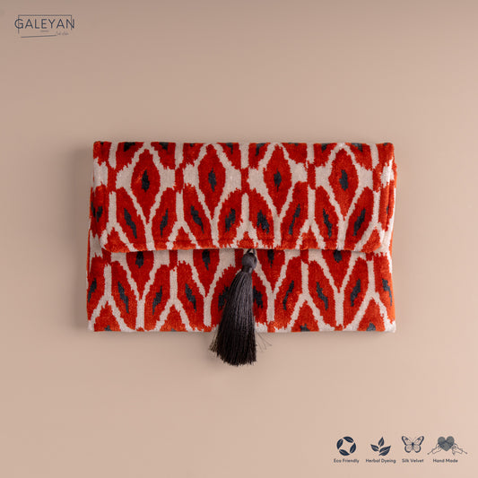 Silk Velvet Ikat Clutch – Off White / Red / Midnight Indigo