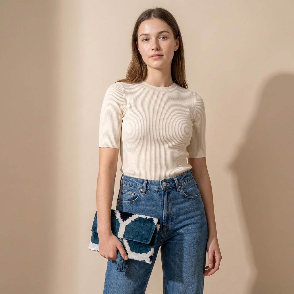 Silk Velvet Ikat Clutch – Off White / Turquoise / Midnight Indigo