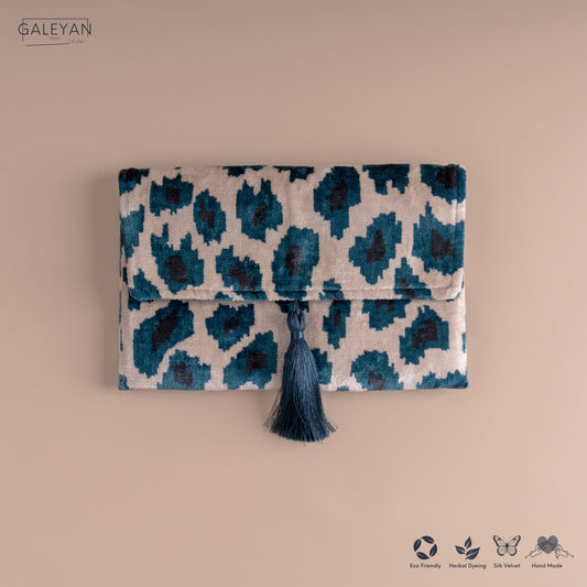 Silk Velvet Ikat Clutch – Off White / Turquoise / Midnight Indigo