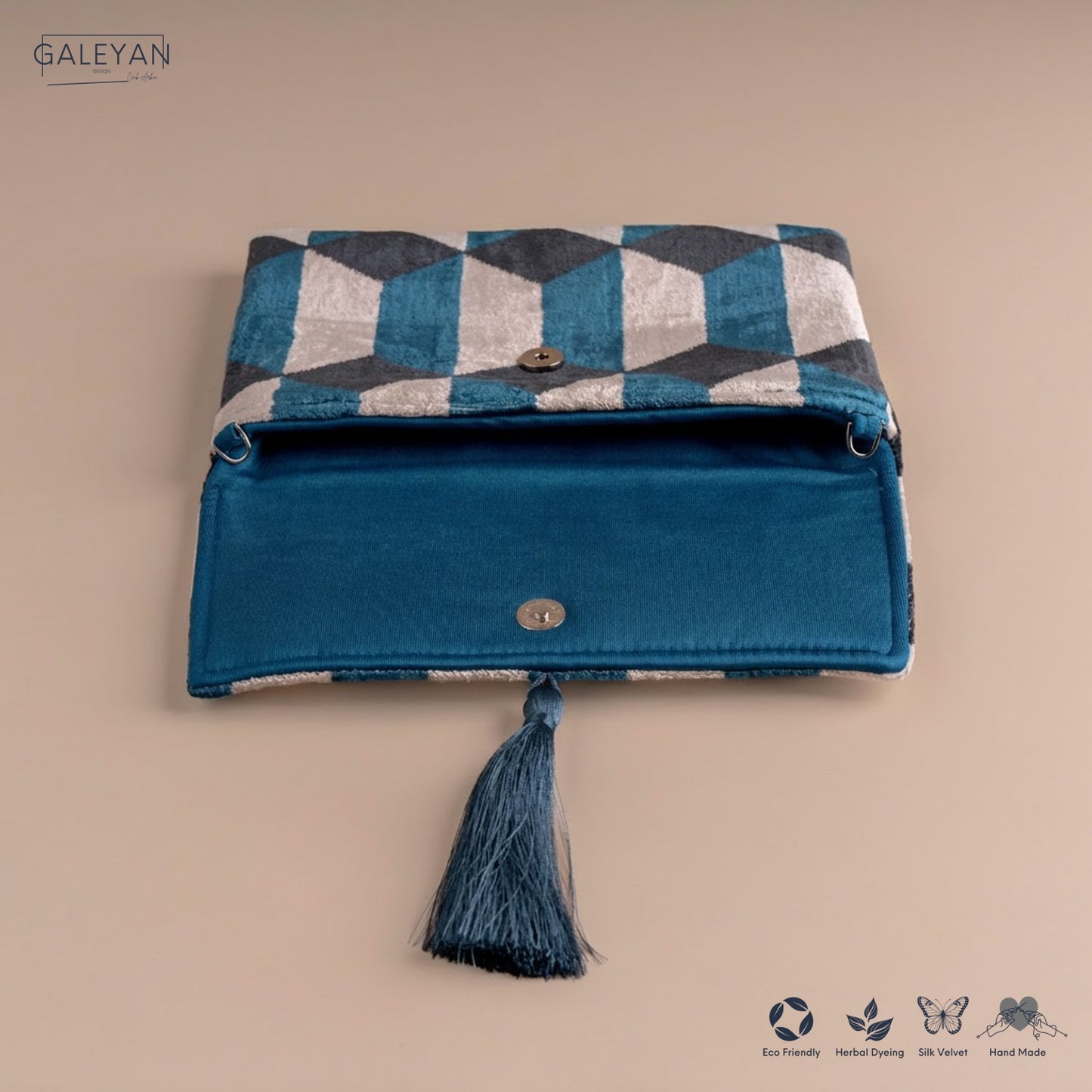 Silk Velvet Ikat Clutch – Off White / Turquoise / Midnight Indigo