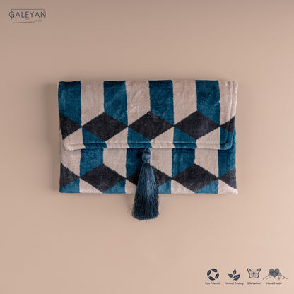 Silk Velvet Ikat Clutch – Off White / Turquoise / Midnight Indigo