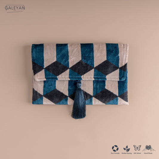 Silk Velvet Ikat Clutch – Off White / Turquoise / Midnight Indigo