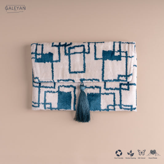 Silk Velvet Ikat Clutch – Off White / Turquoise