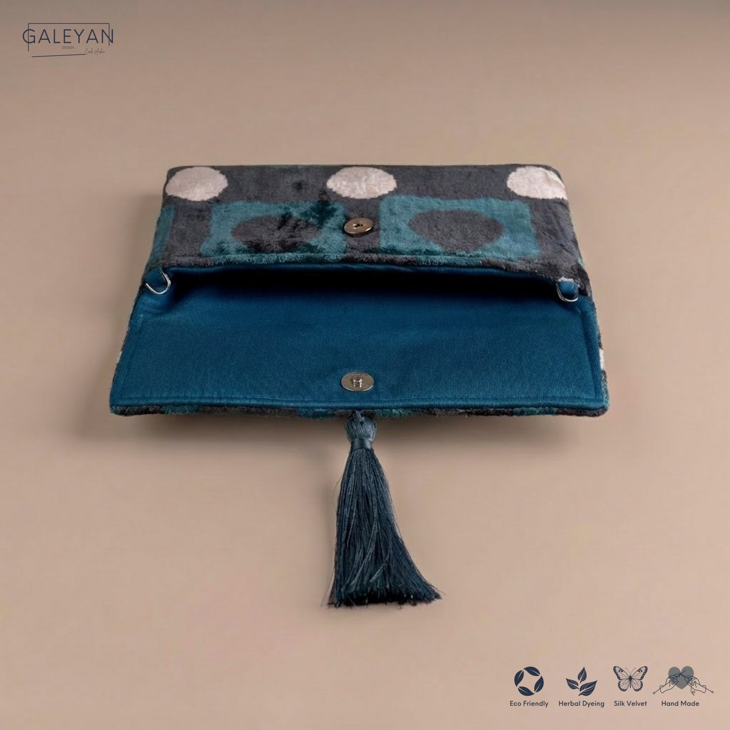 Silk Velvet Ikat Clutch – Off White / Turquoise/ Midnight Indigo