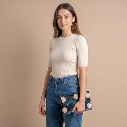 Silk Velvet Ikat Clutch – Off White / Turquoise/ Midnight Indigo