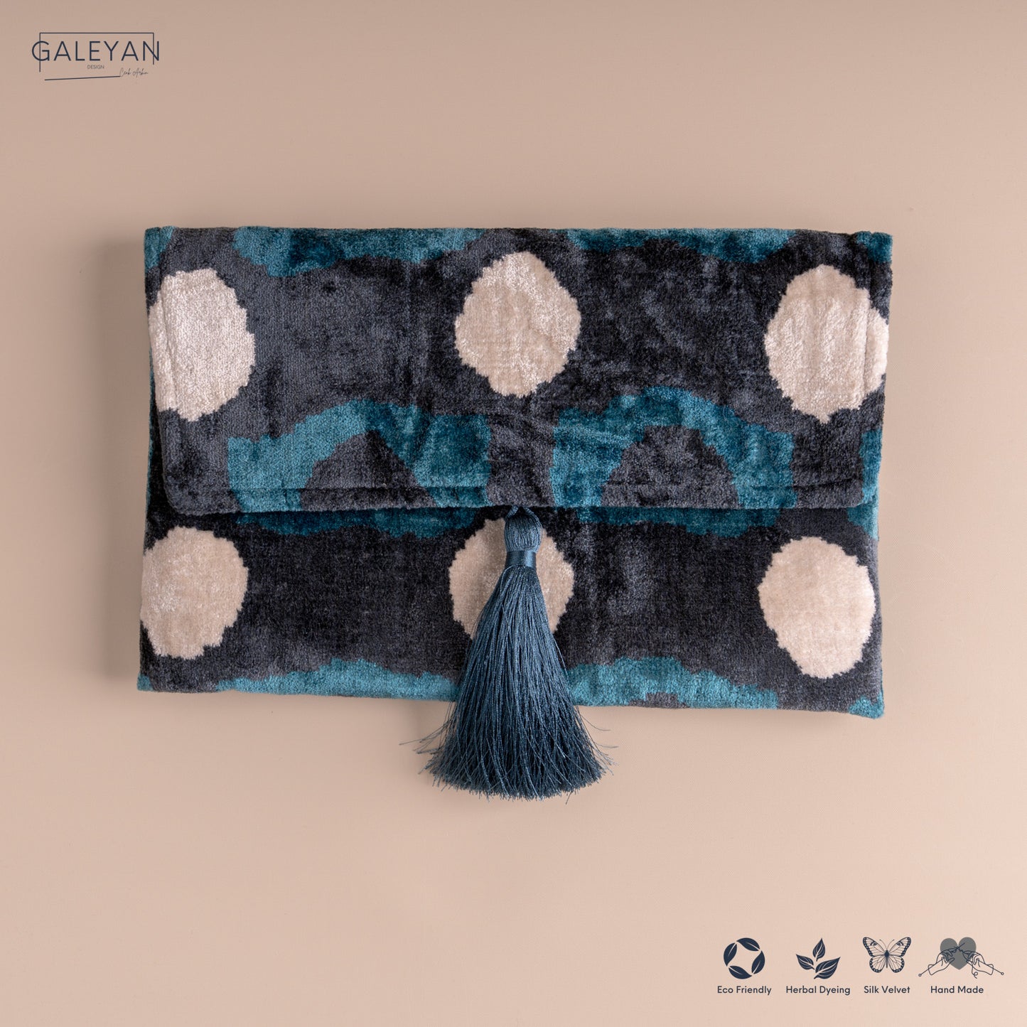 Silk Velvet Ikat Clutch – Off White / Turquoise/ Midnight Indigo