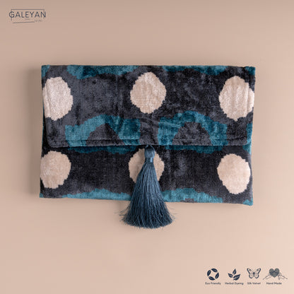 Silk Velvet Ikat Clutch – Off White / Turquoise/ Midnight Indigo